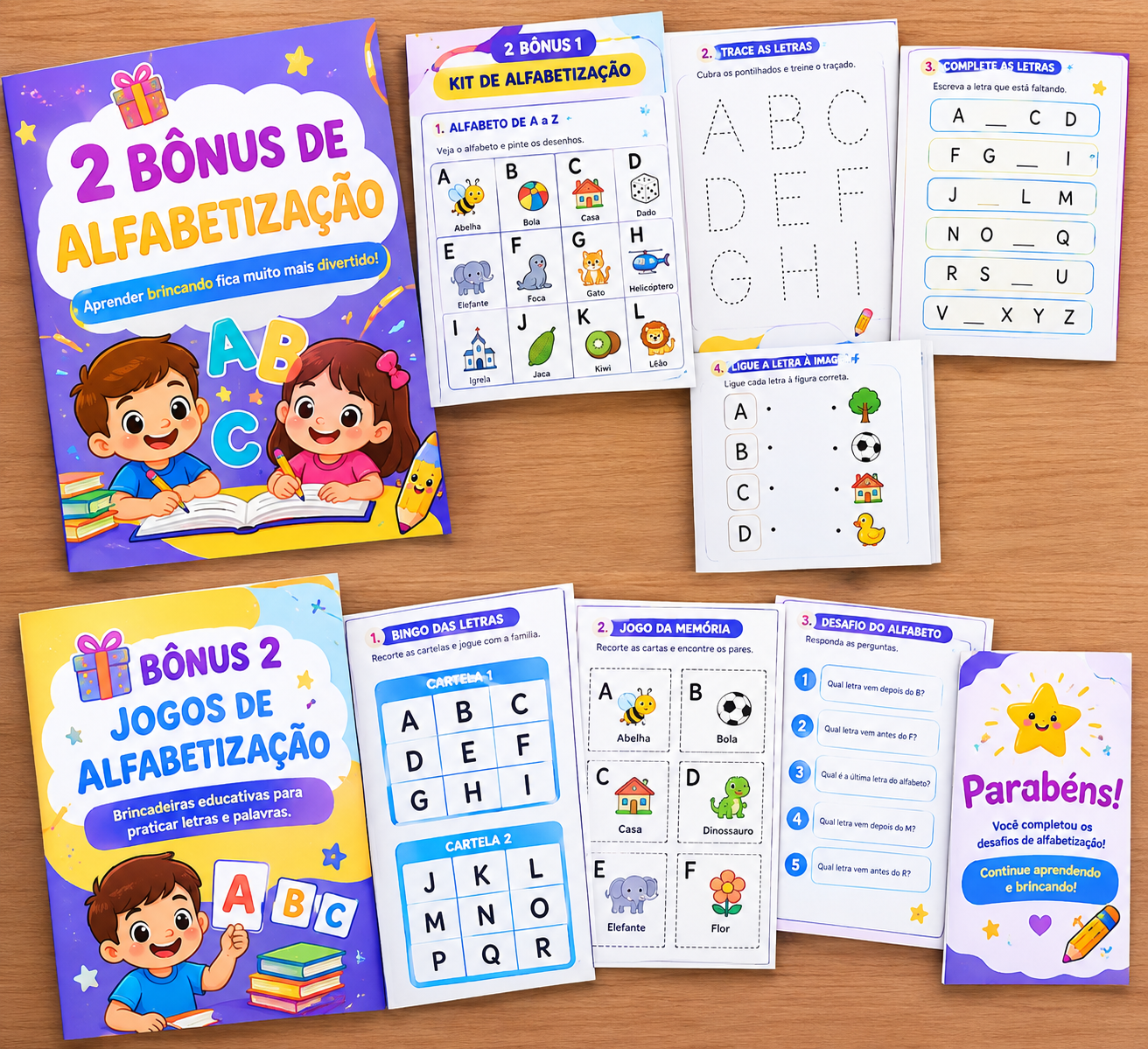 Dois bônus de alfabetização com atividades, jogos e exercícios infantis